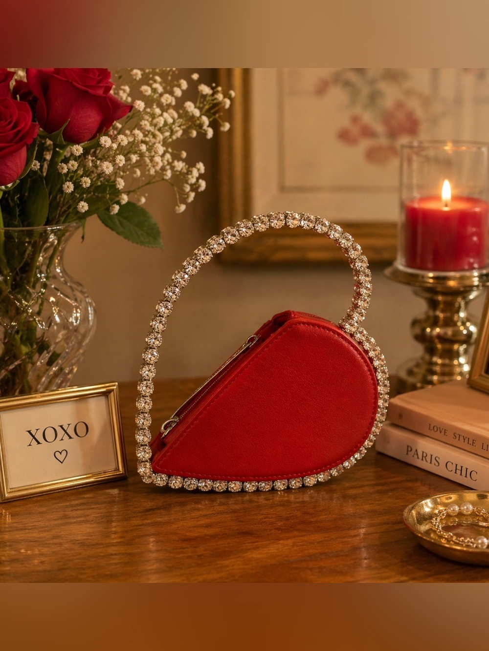 Heart-Shaped Bag with Rhinestone Handle
